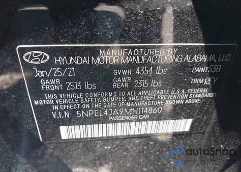 2021 Hyundai Sonata Sel из США, поврежденный, VIN 5NPEL4JA9MH114860